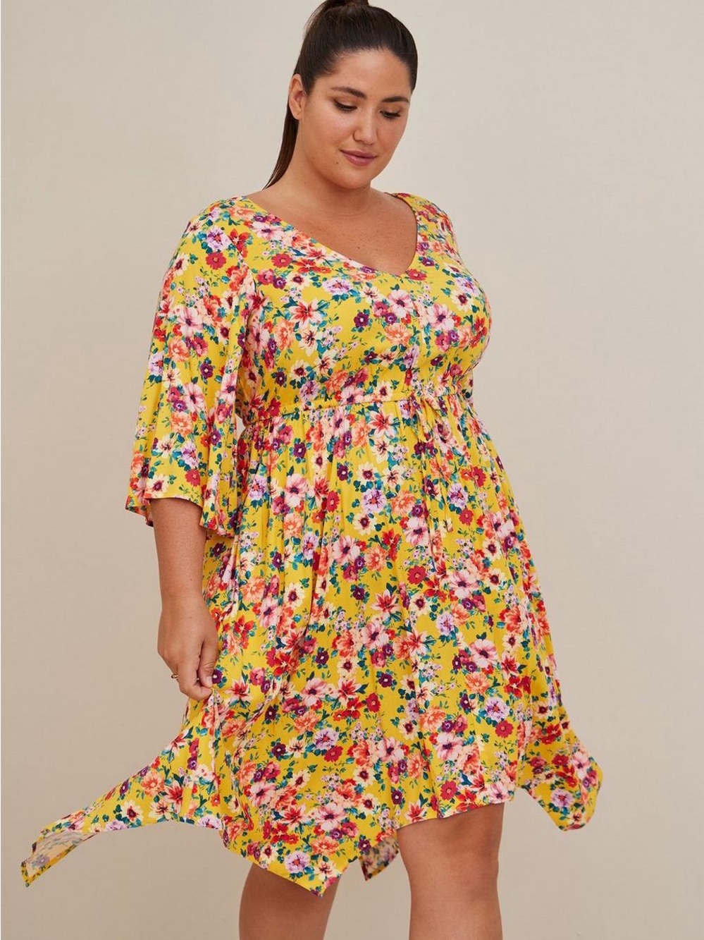 Torrid Yellow Floral Waist Drawstring Flare Sleeve Lattice Back Sundress Midi 4